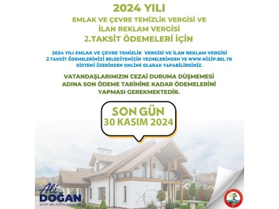 Emlak, Çevre Temizlik, İlan, Reklam Vergilerinde 2. taksit son ödeme 30 Kasım